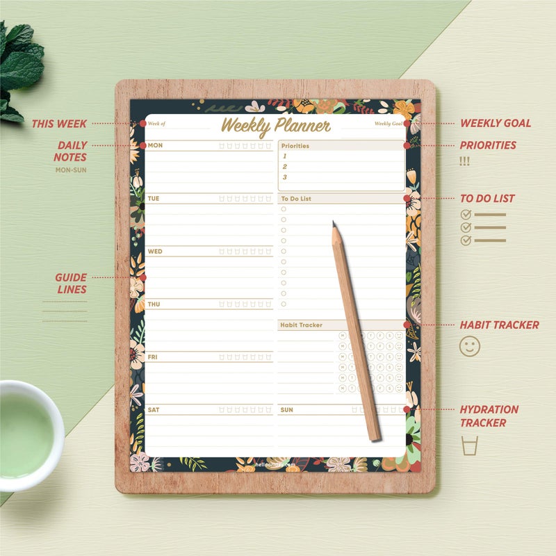 Oriday Weekly Planner Task Organizer Pad - 52 Sheets Undated Planning Tear-away Notepad (7.8" x 10" Dark Flower) - Image 5